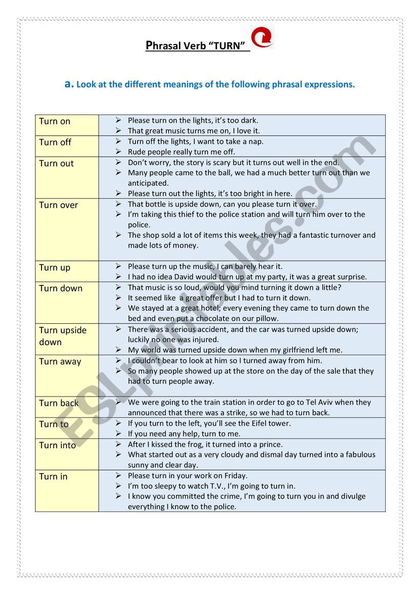 Phrasal verb TURN worksheet