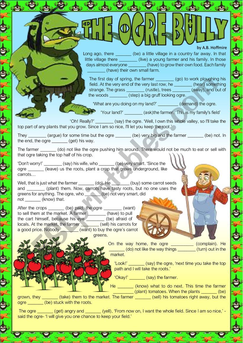 (PAST TENSE WORKSHEET) - THE OGRE BULLY READING + EXERCISES