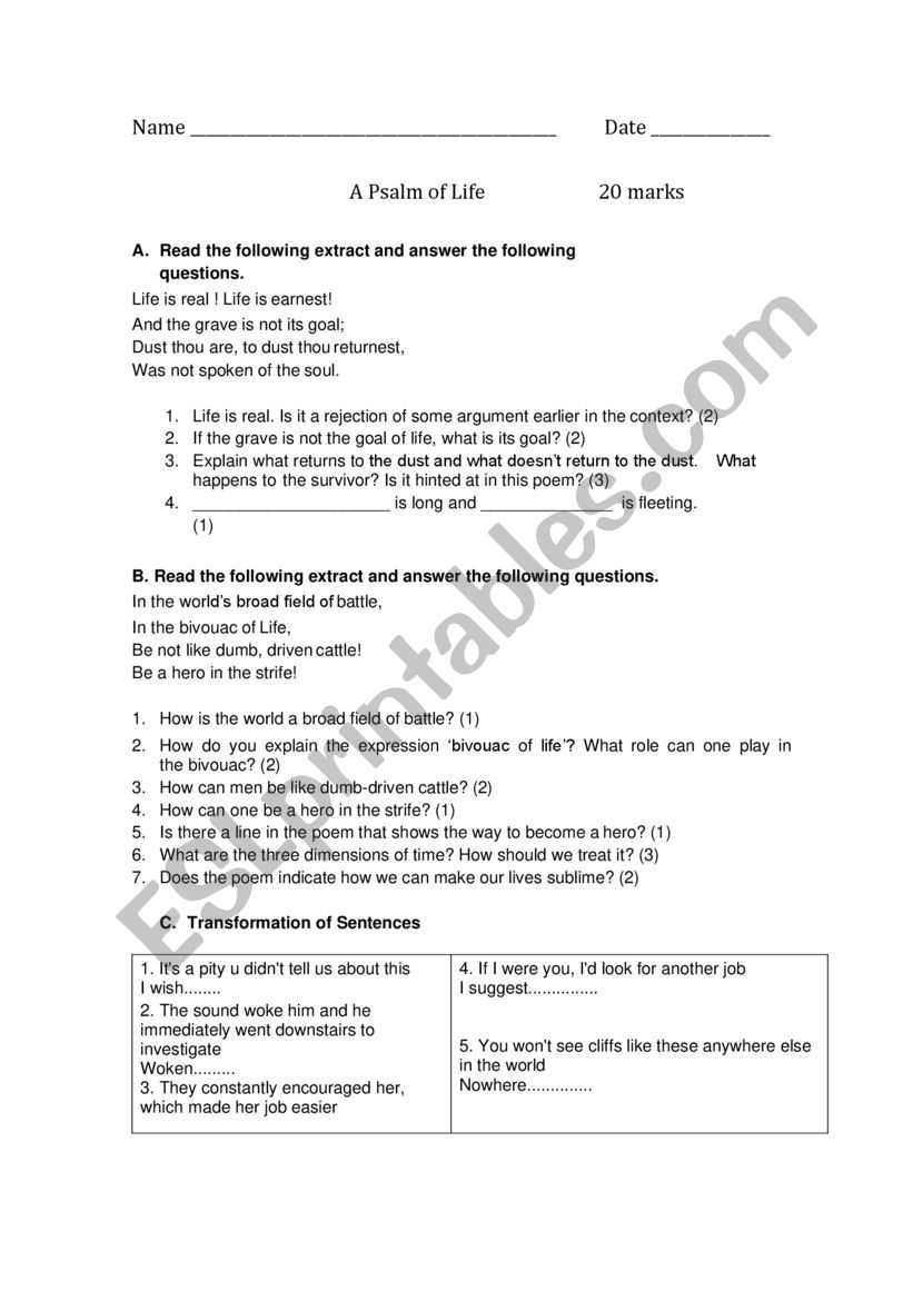 A Psalm of Life worksheet