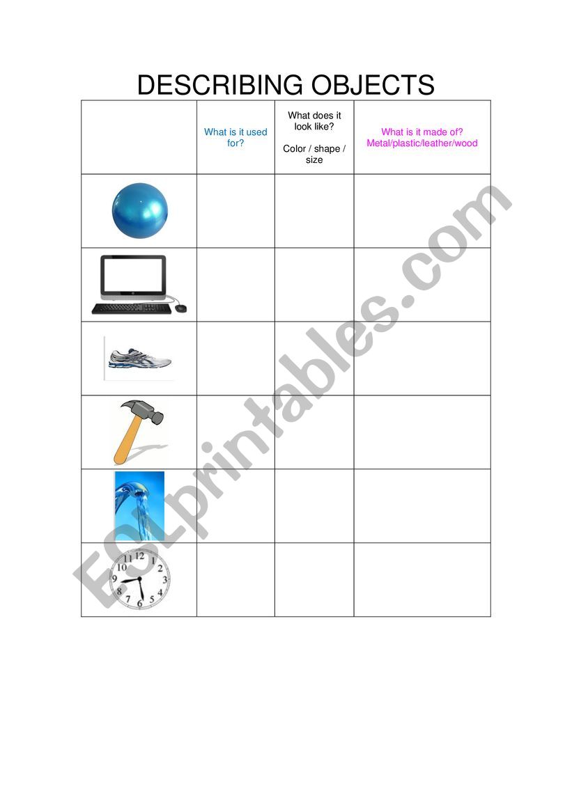 DESCRIBING OBJECTS worksheet