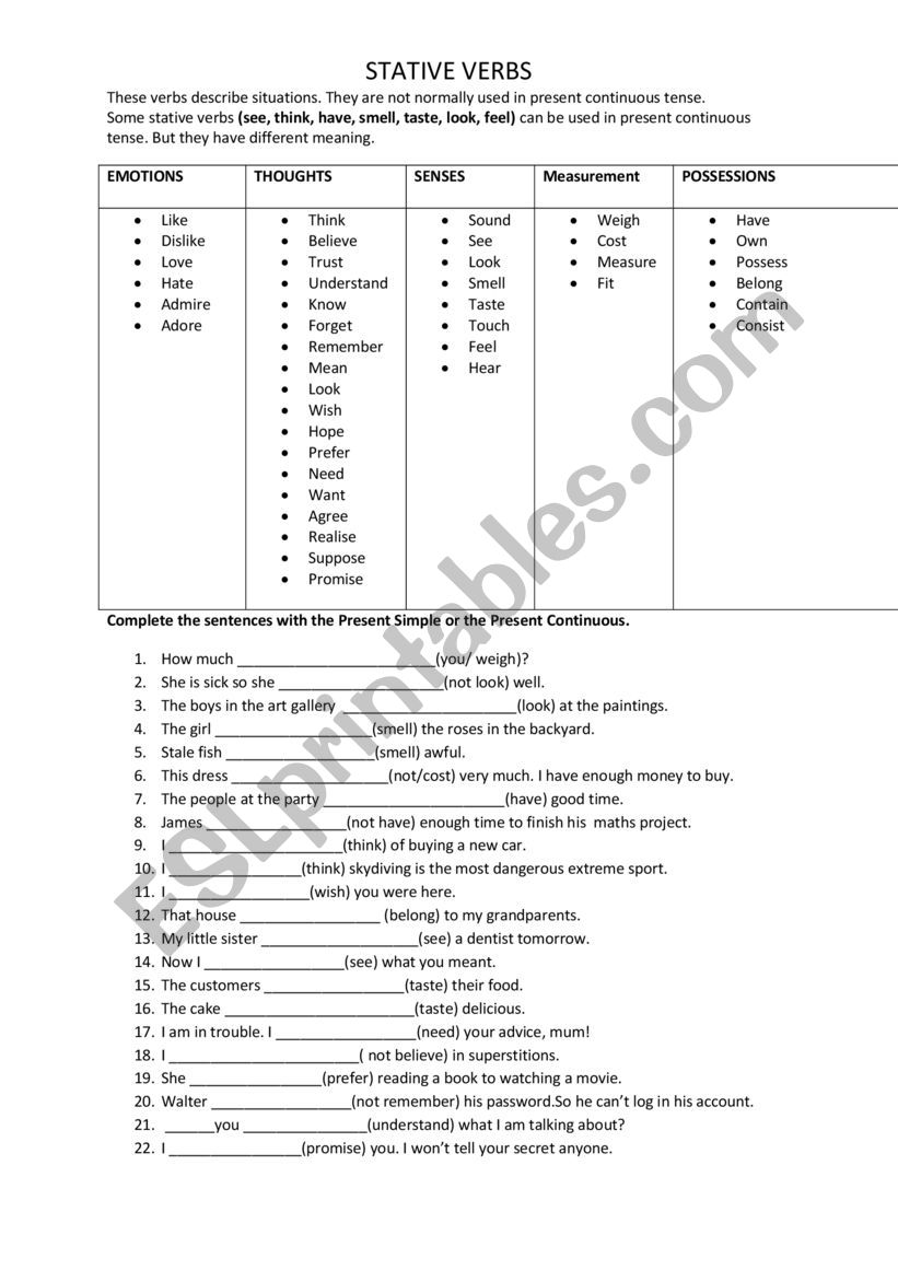 stative verbs worksheet worksheet