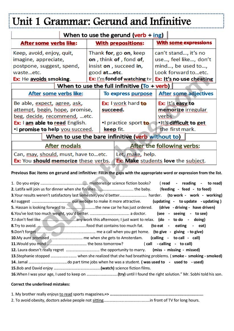 Gerund and Infinitive and previous bac items 