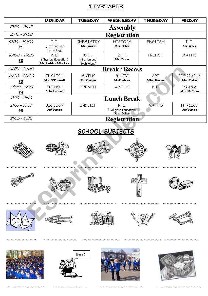 timetable and school subjects worksheet