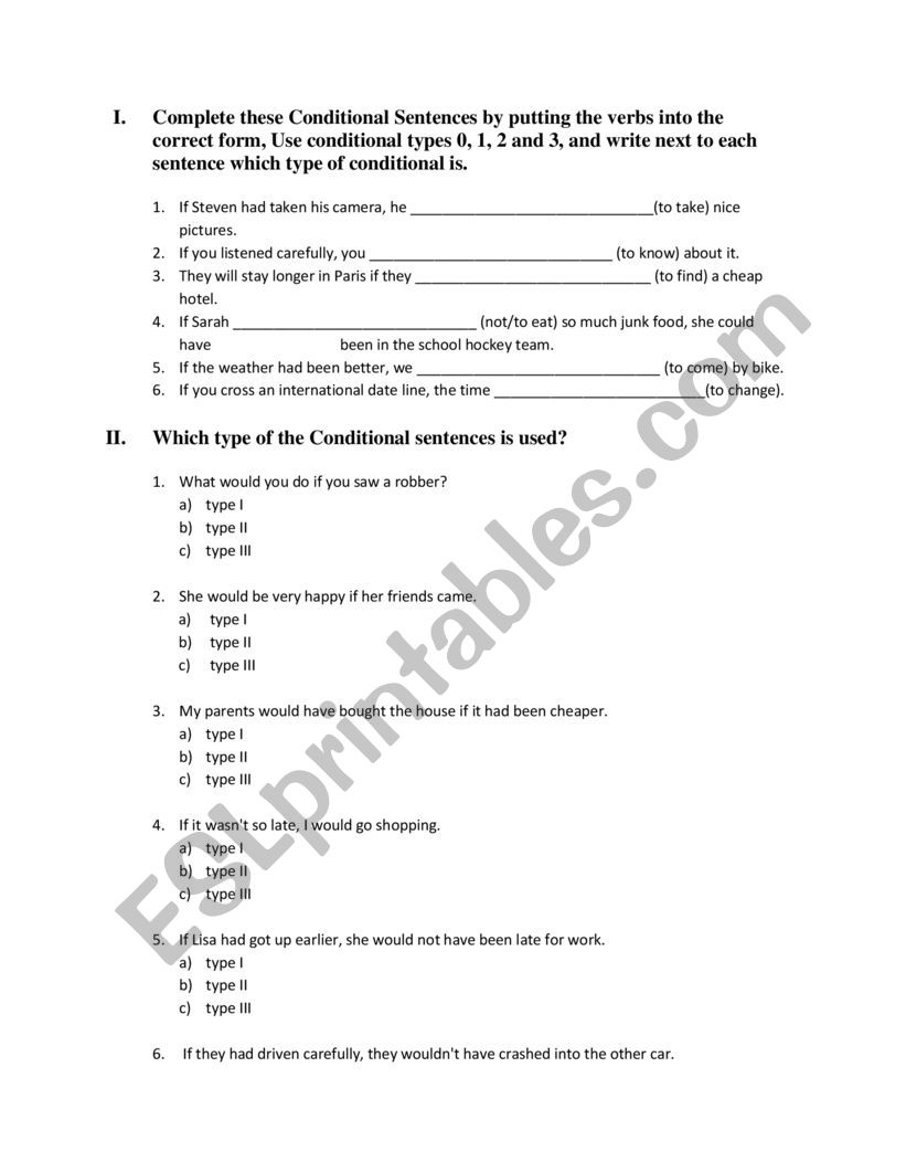 Conditionals test worksheet