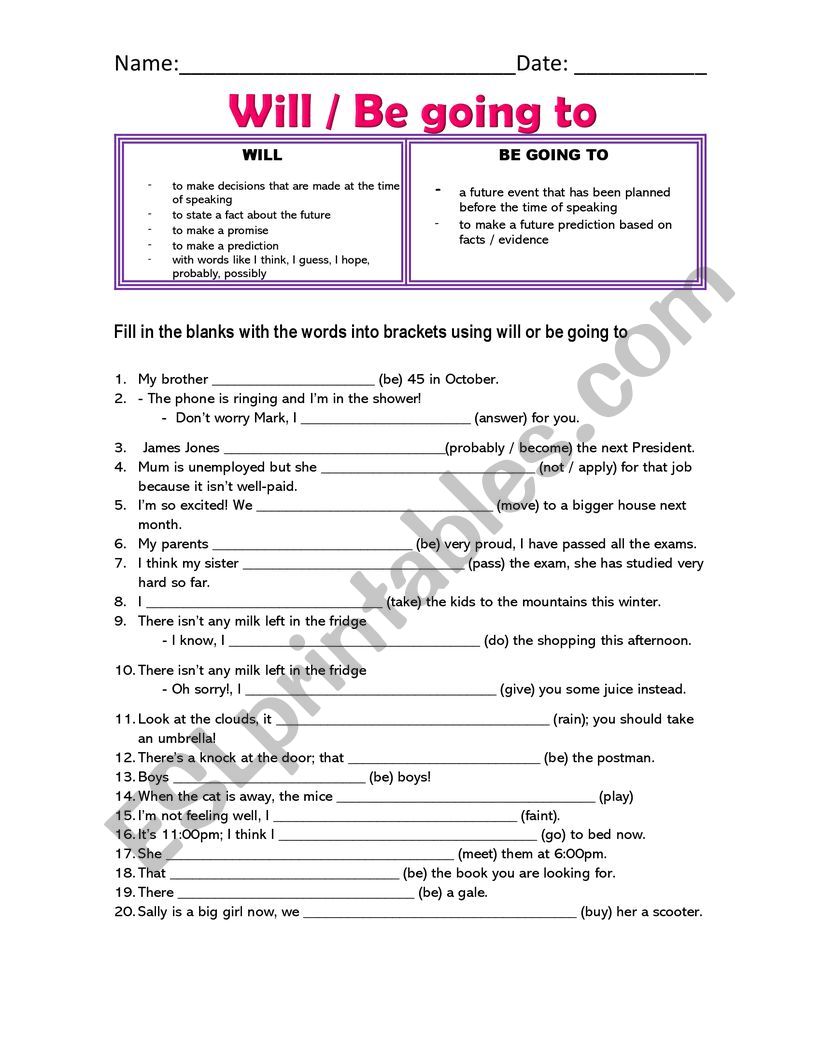 Will Vs Going To Interactive And Downloadable Worksheet