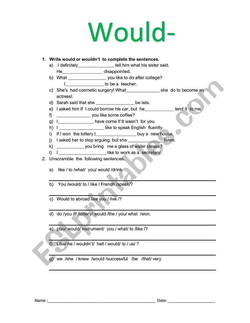 Would  and wouldnt worksheet