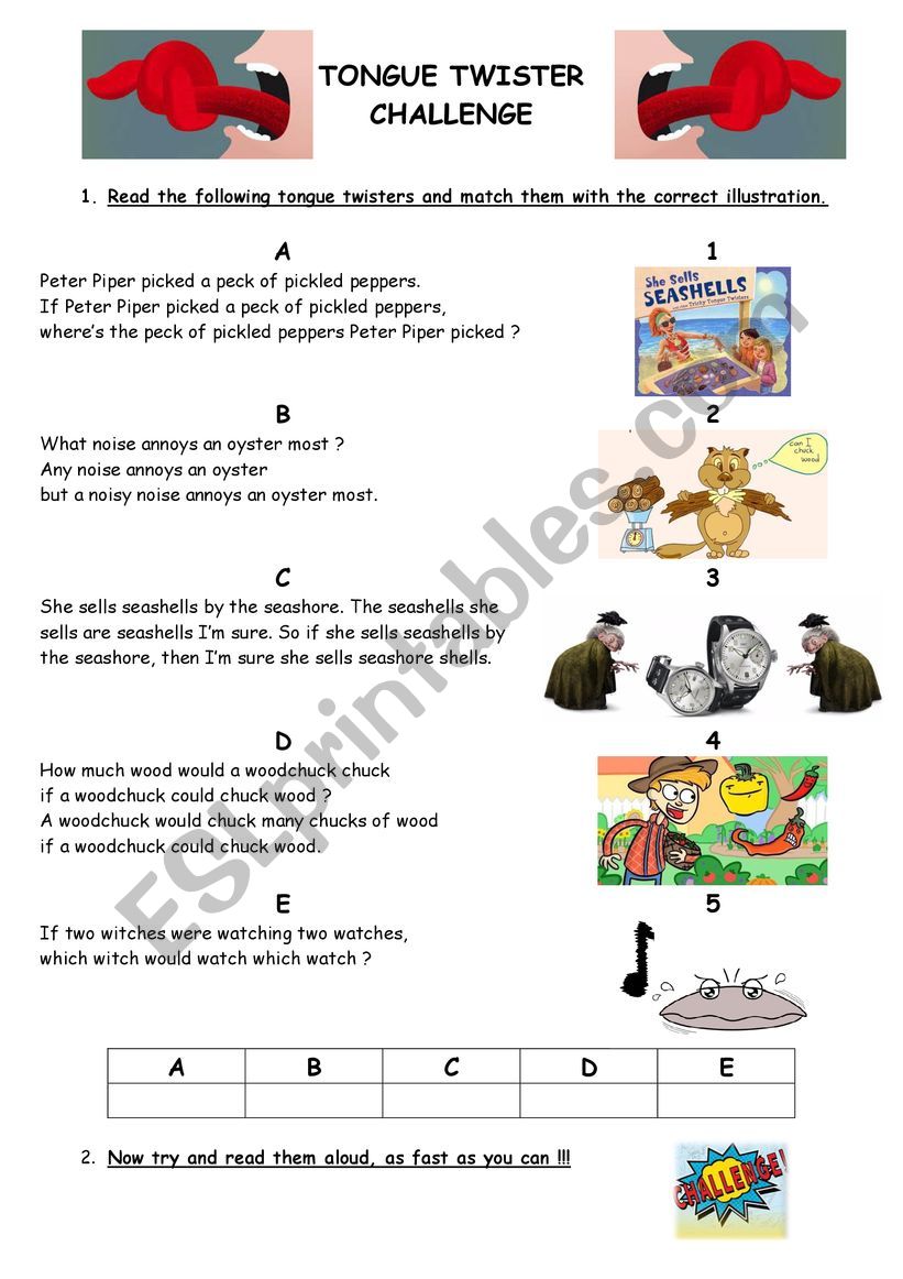 Tongue twister challenge worksheet