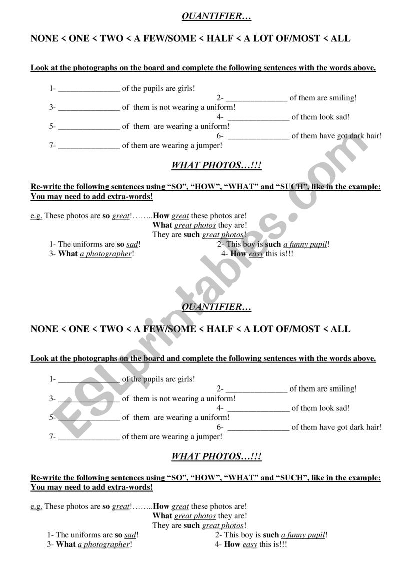 quantifiers and exclamations worksheet