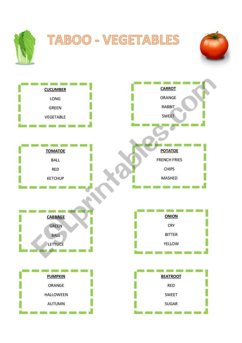 Taboo cards - vegetables worksheet