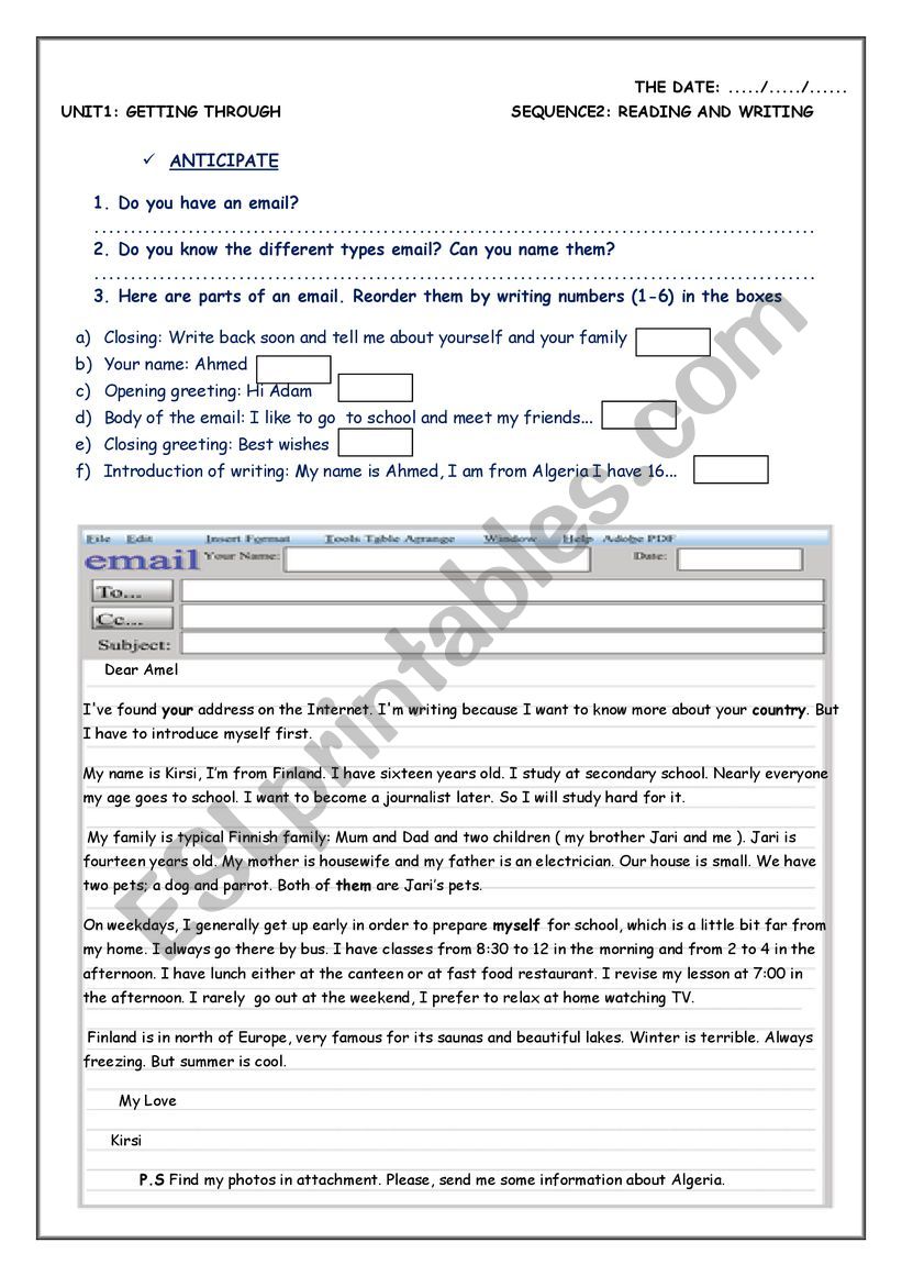Email text worksheet