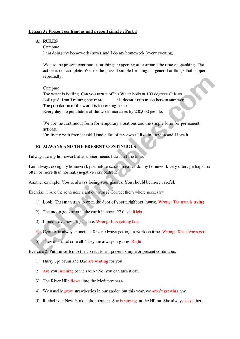 : Present continuous and present simple correction