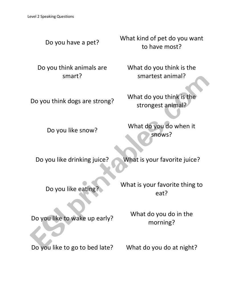 Warm-up Speaking Questions worksheet