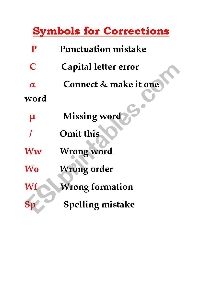 Symbols for Corrections worksheet