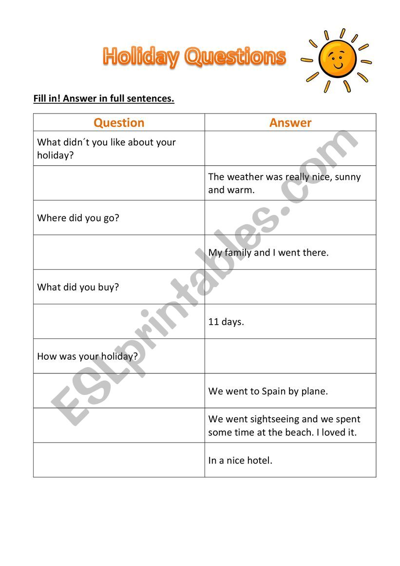 Holiday Questions worksheet