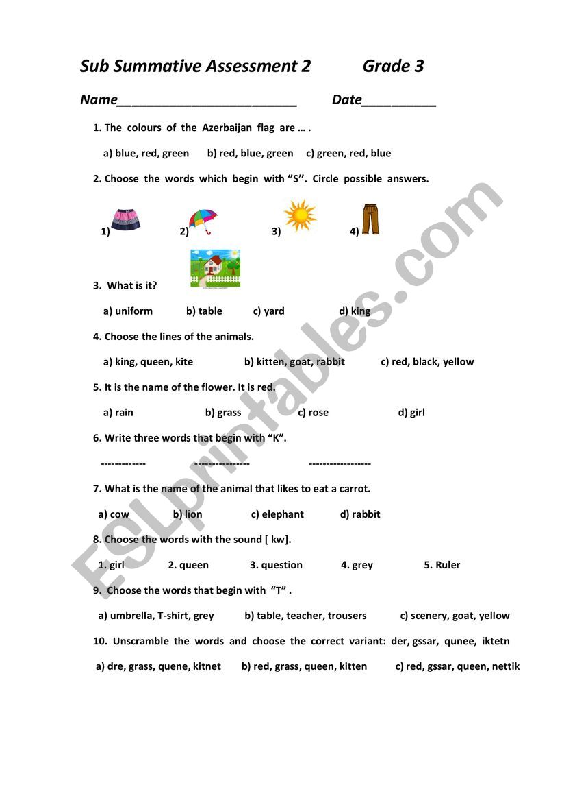 quiz 3 grade - ESL worksheet by gulmire