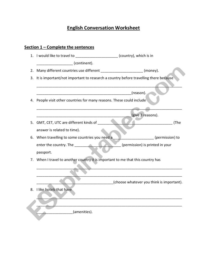 Travel the world (Conversational) Worksheet