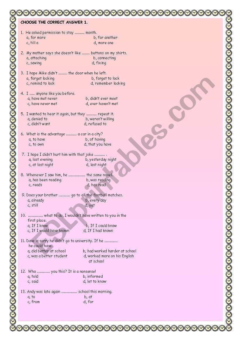 Multiple choice test worksheet