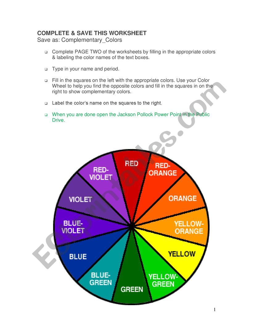 Complementary colors  worksheet