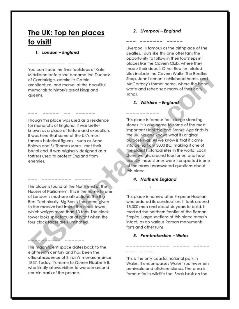 UK Attractions and Landmarks worksheet