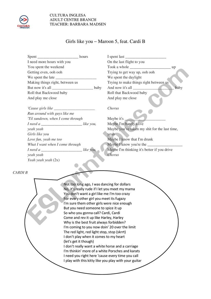 Maroon 5 girls like you worksheet