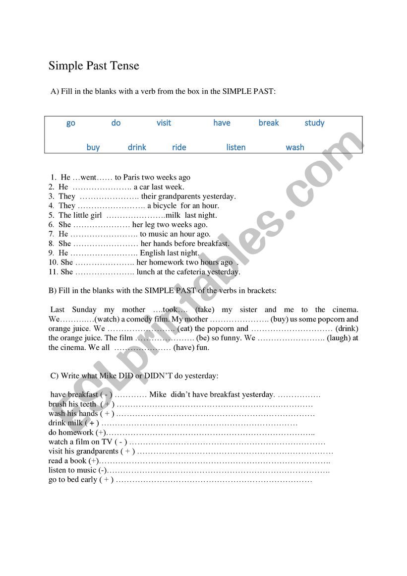 SIMPLE PAST TENSE worksheet