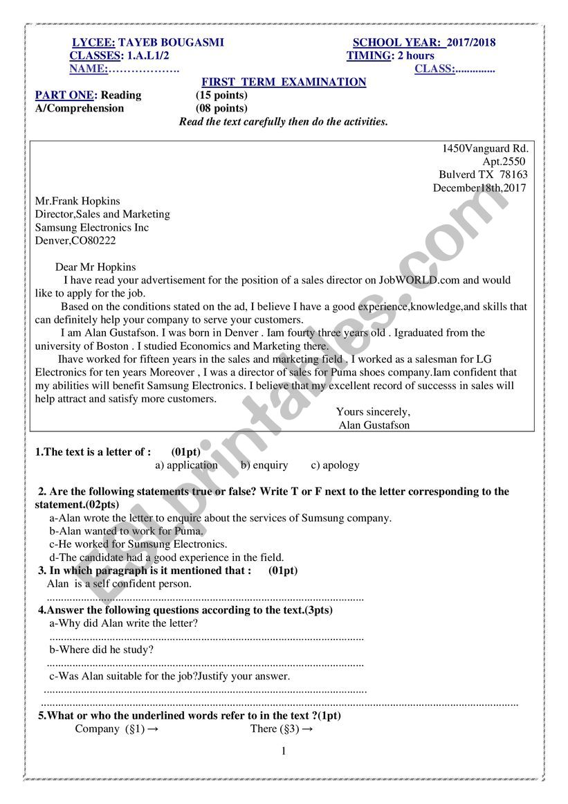 first term english exam  worksheet