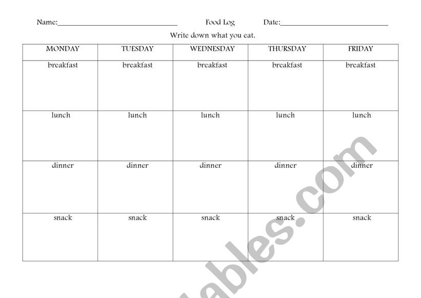 Food Log worksheet