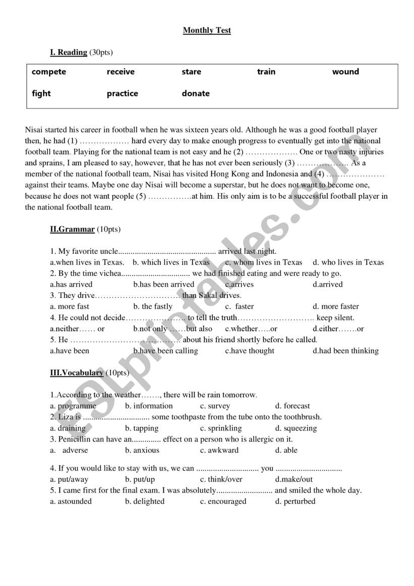 Monthly test worksheet