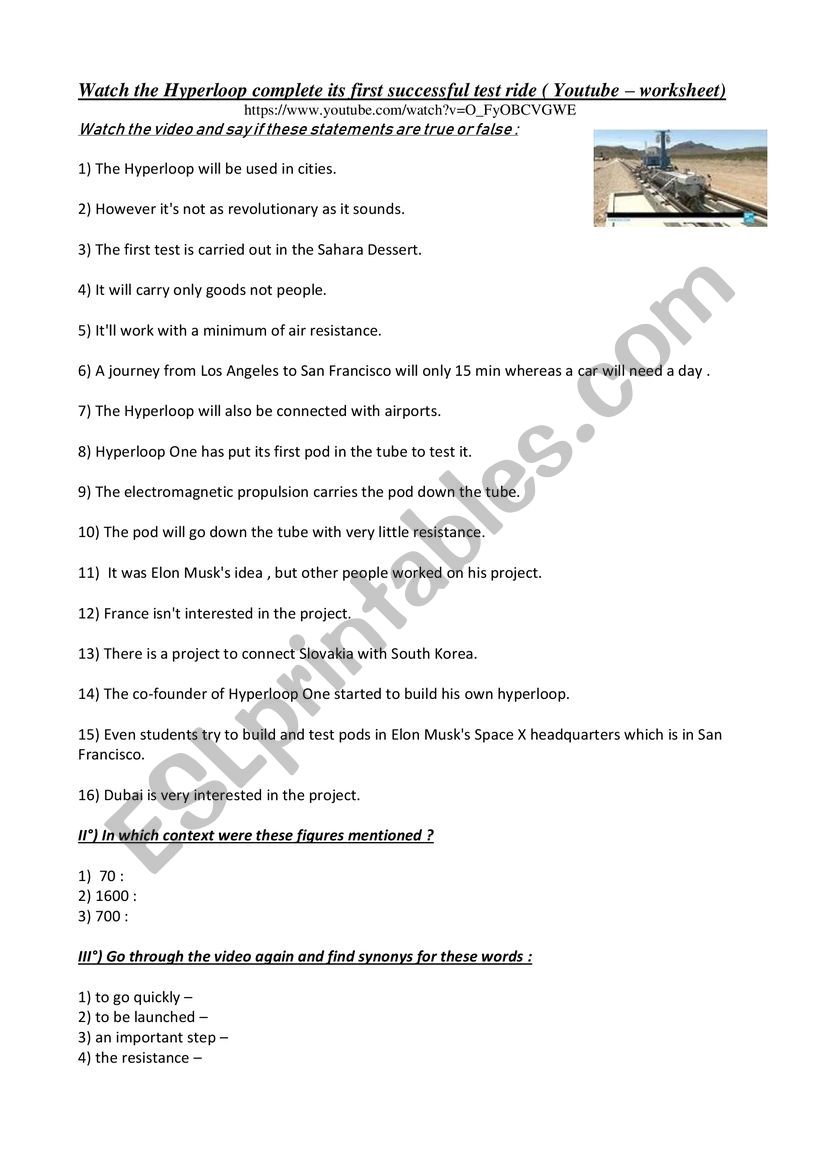 The Hyperloop - video worksheet