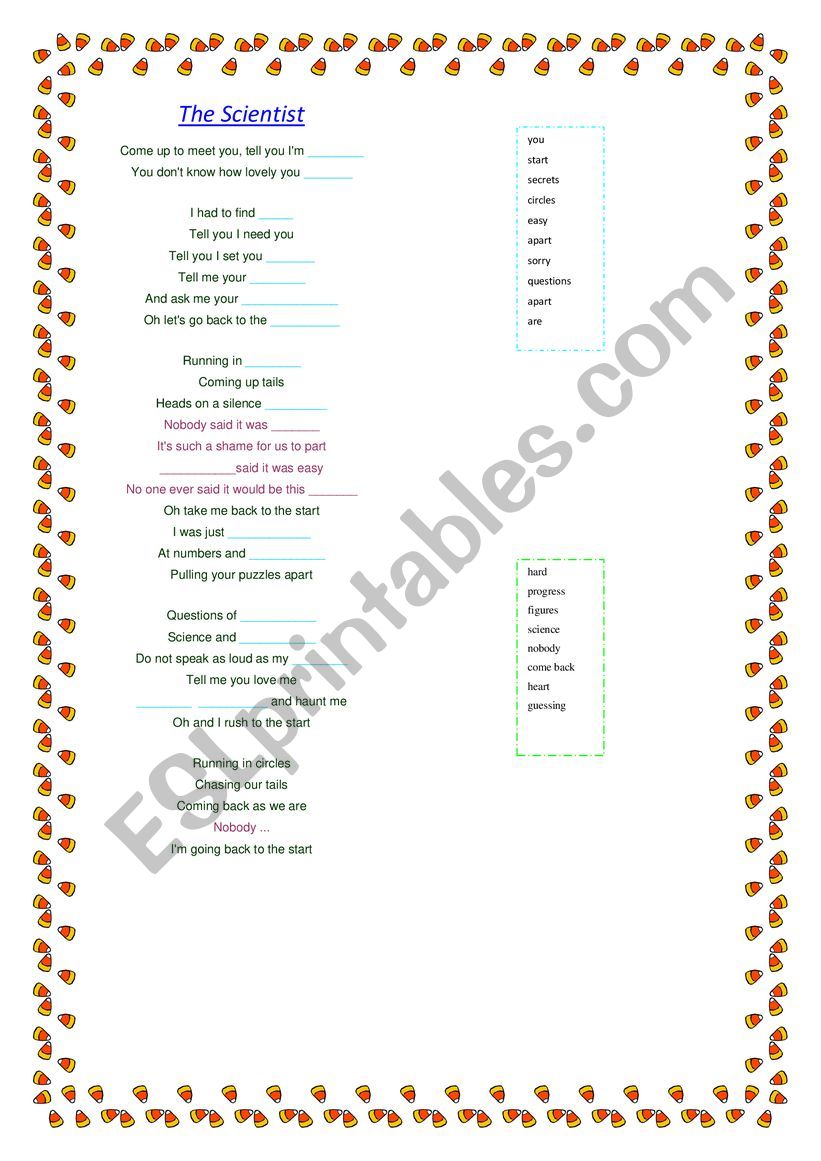 COLDPLAY THE SCIENTIST worksheet