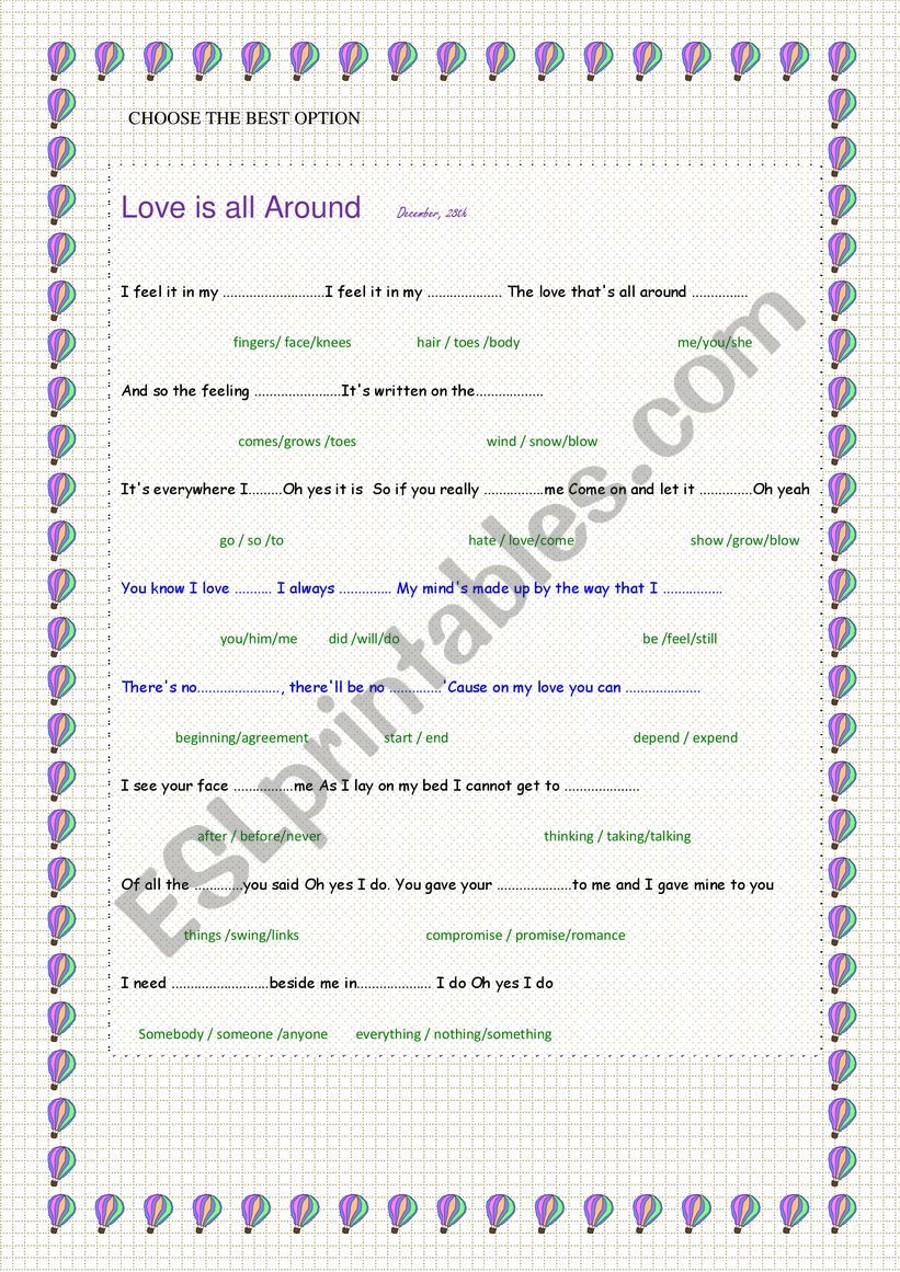LOVE IS ALL AROUND THE TODDS worksheet