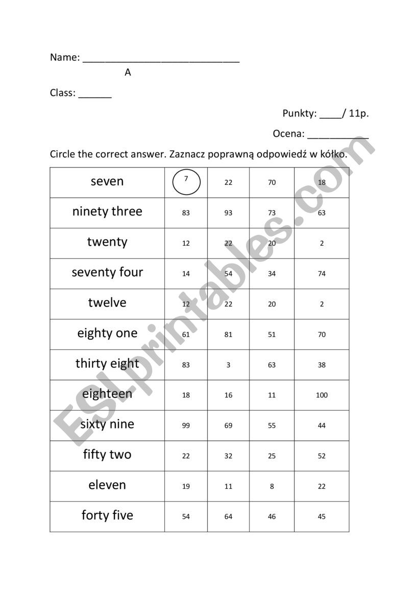 1-100 short test  worksheet