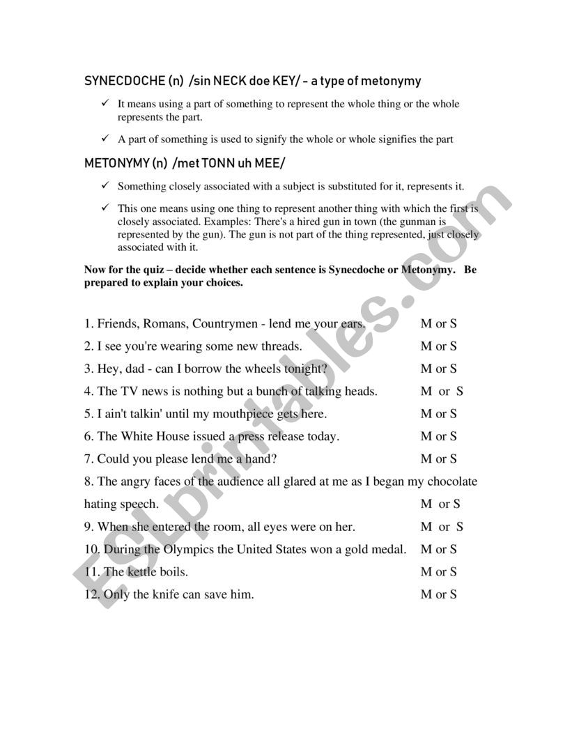 synecdoche - metonymy + key worksheet