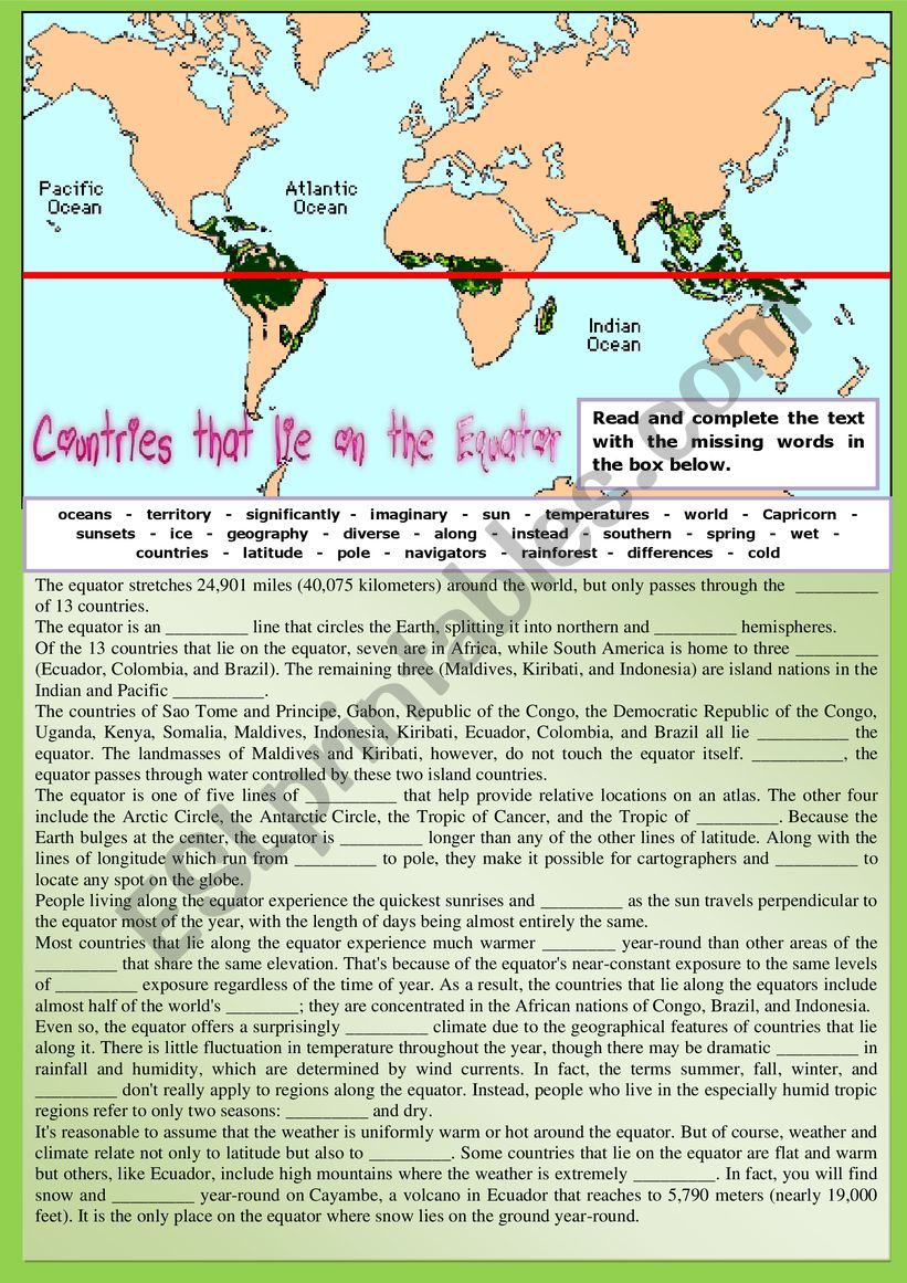 Countries that lie on the Equator. Complete the text with given vocabulary + KEY