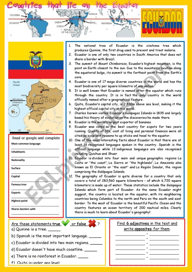Everything about Ecuador (on the equator).  Reading and/or web-search. + KEY