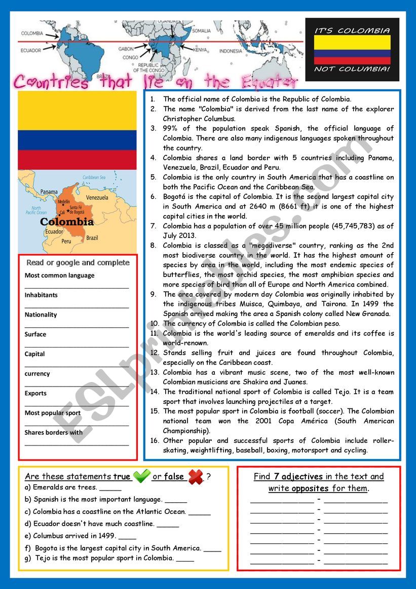 Everything about Colombia (on the Equator).  Reading and/or web-search. + KEY