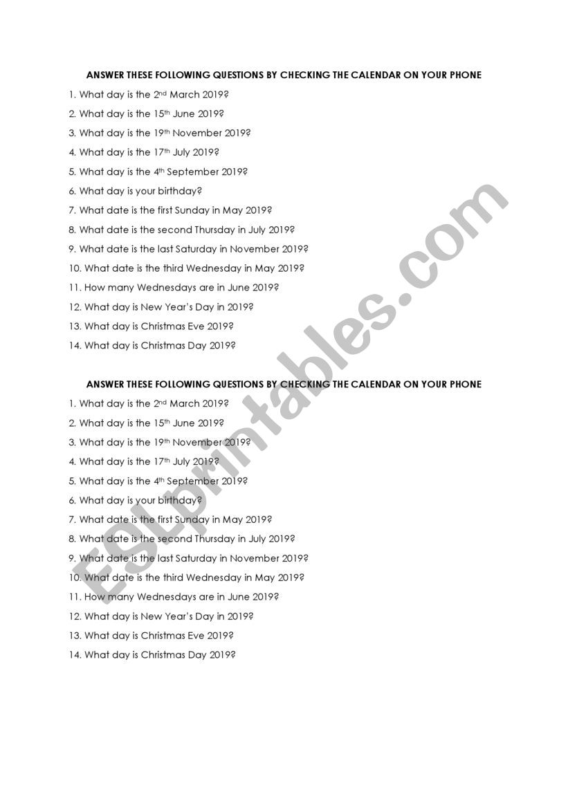 date exercise worksheet