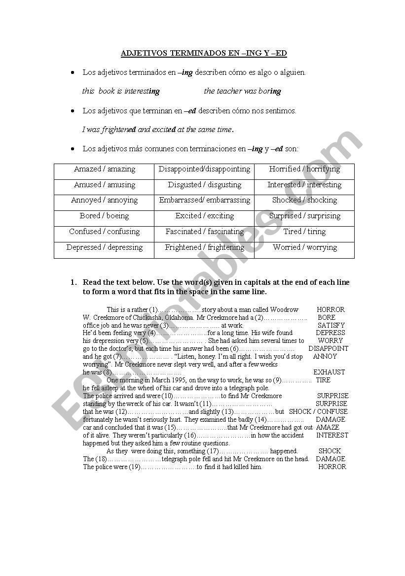 -ing and -ed adjectives worksheet