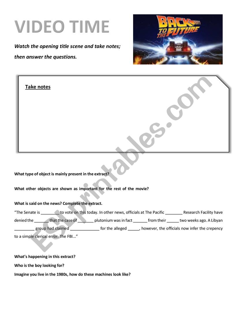 Back to the future 1985 worksheet