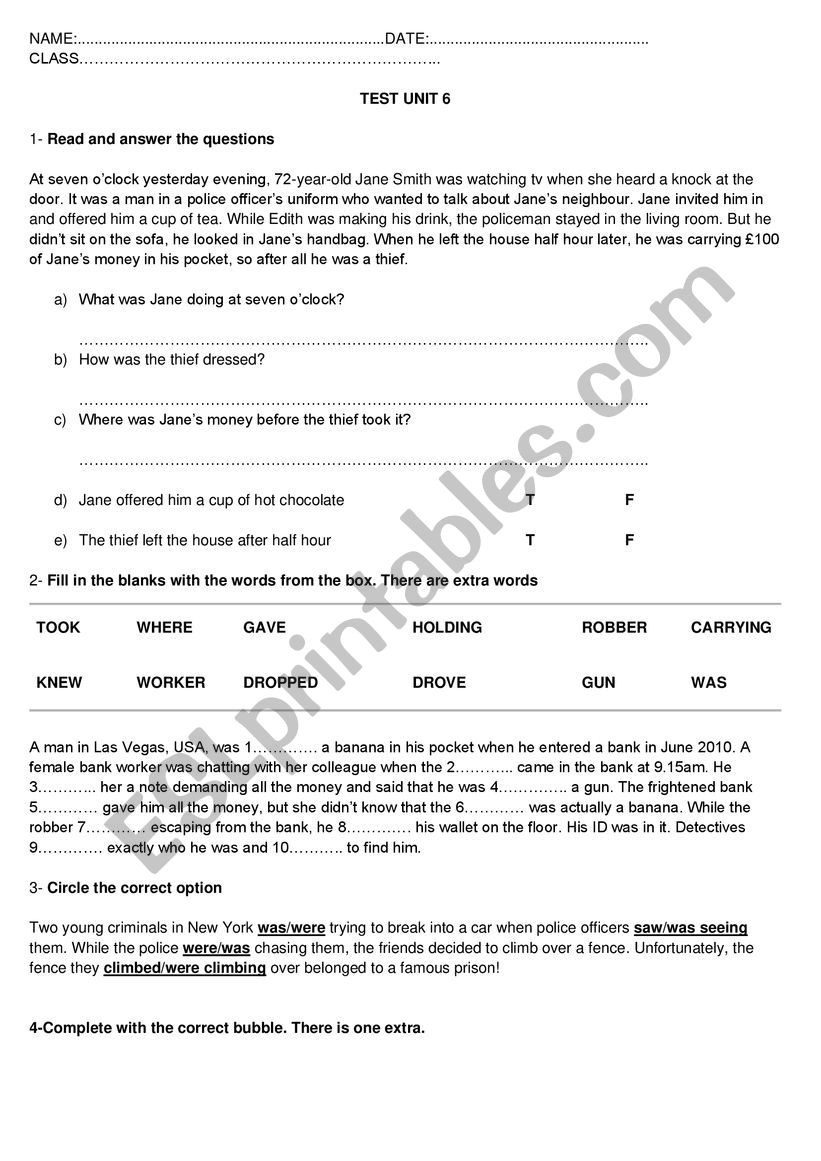 Test crime vocabulary/past simple-continuos