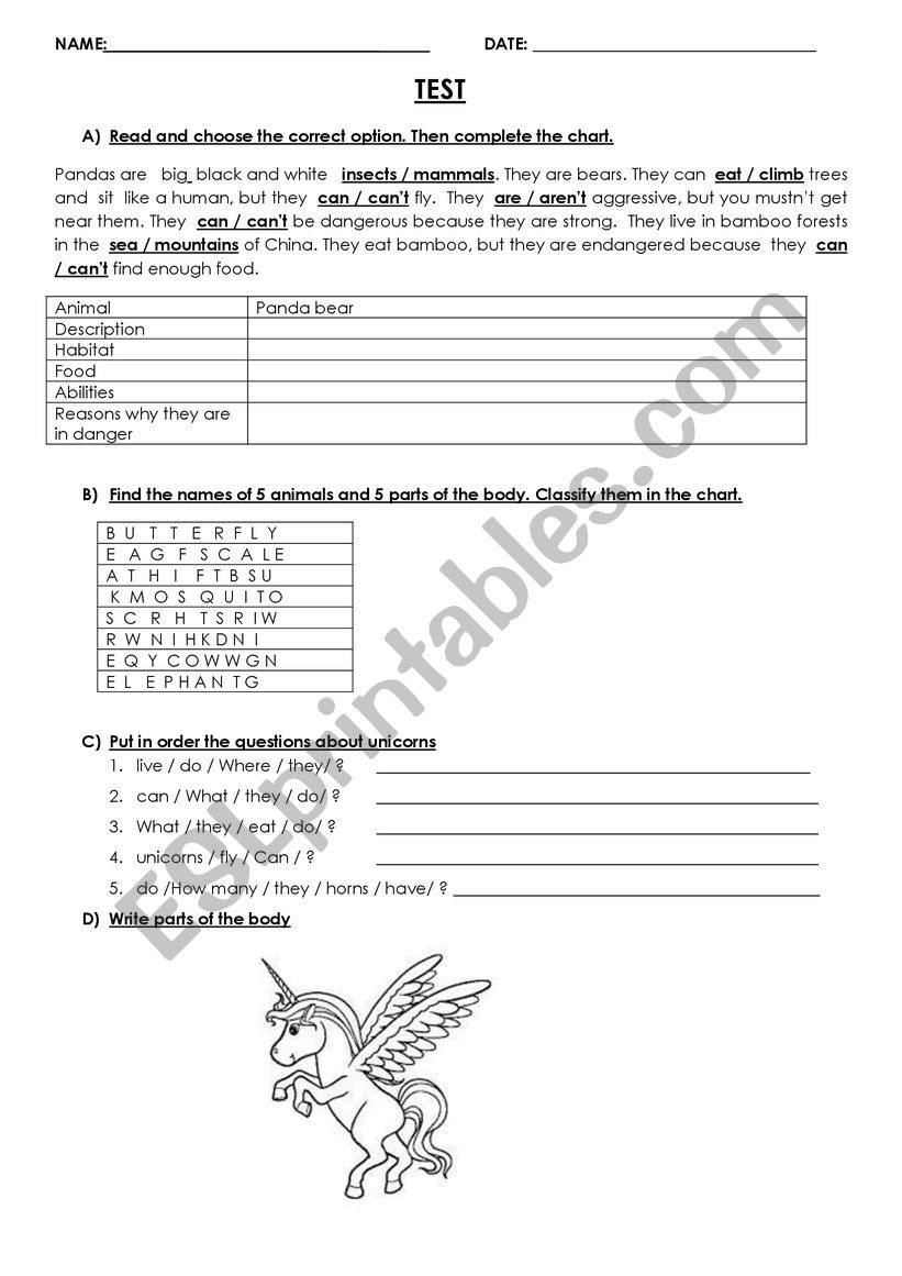 Wild animals - Test worksheet