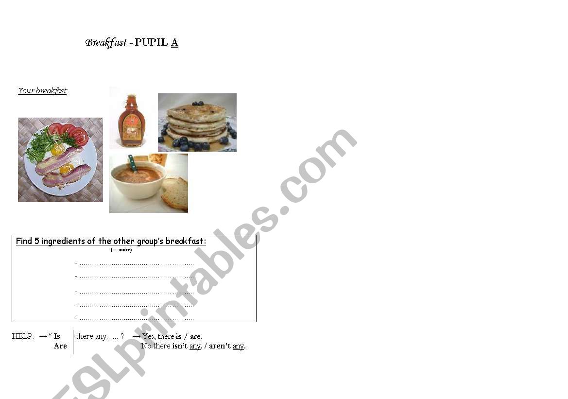 Breakfast  (pupil A) worksheet