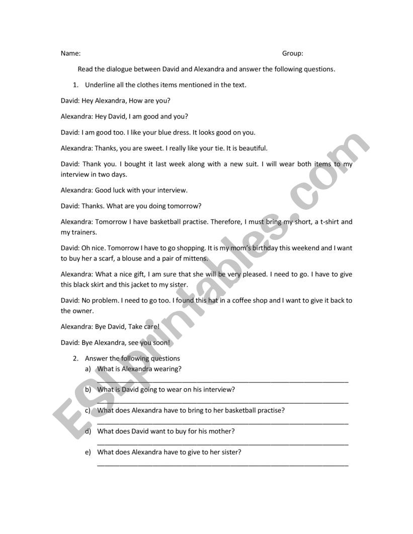 Clothes Reading Comprehension worksheet