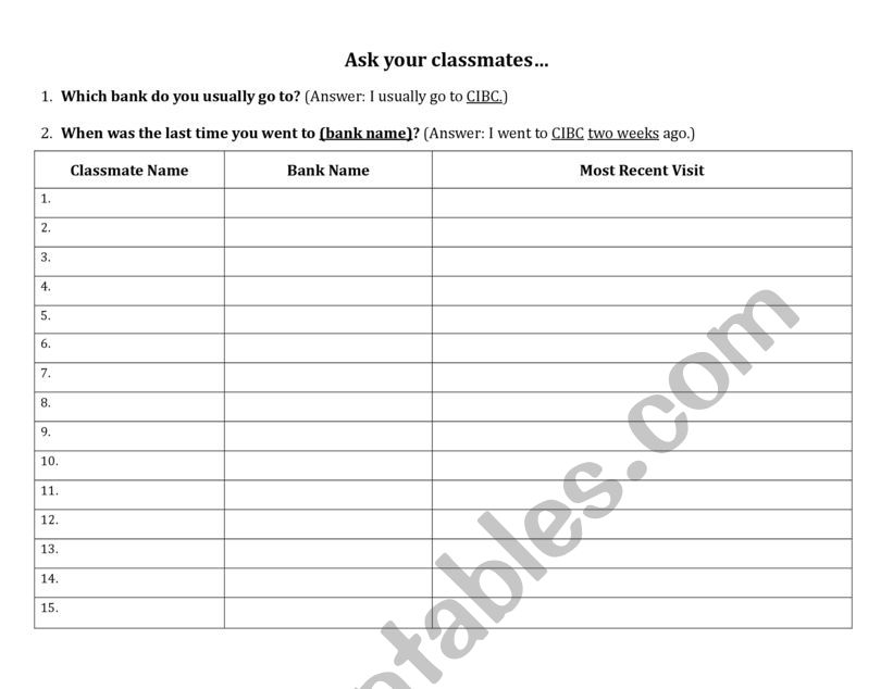 Mingling - Bank Names worksheet