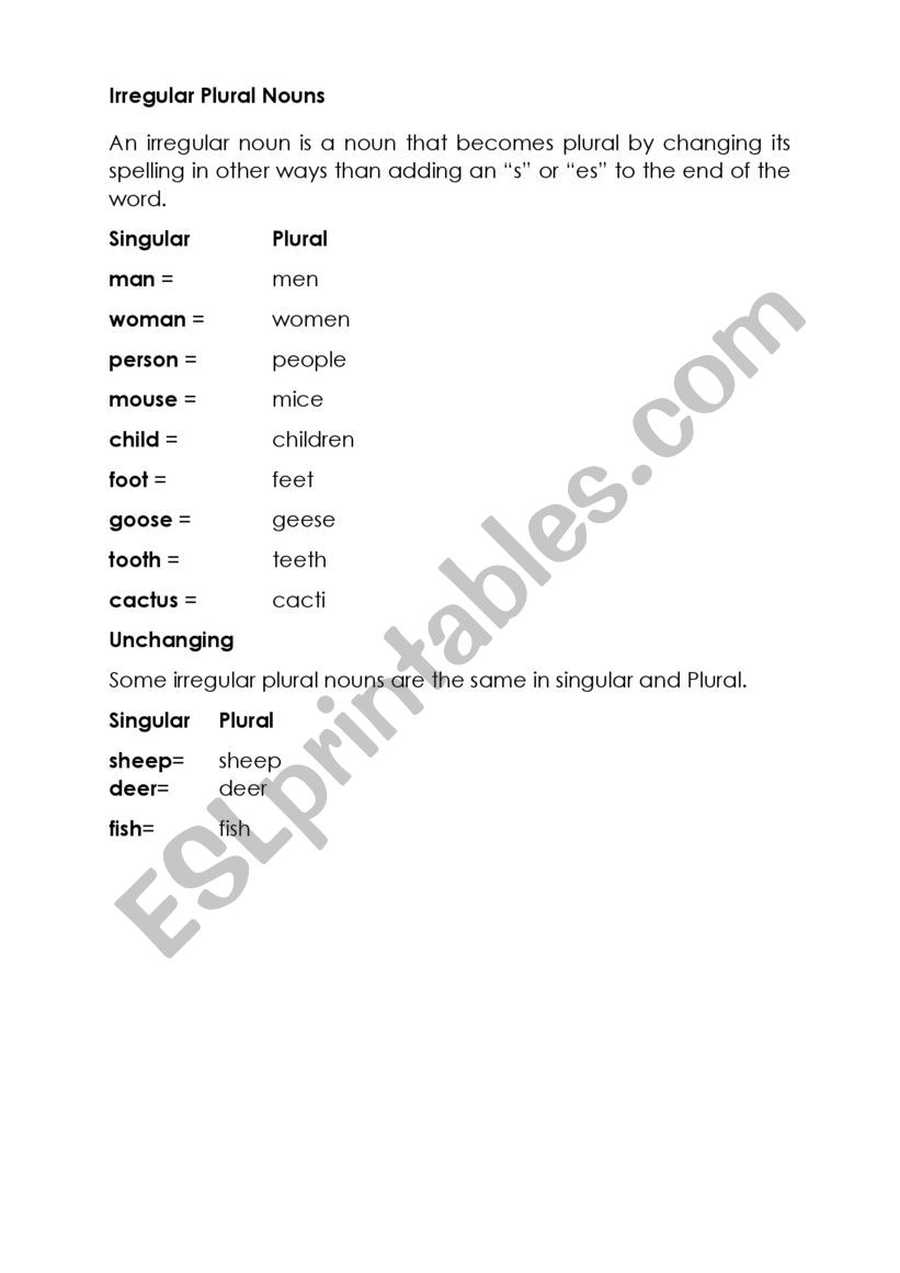 Irregular plurals worksheet