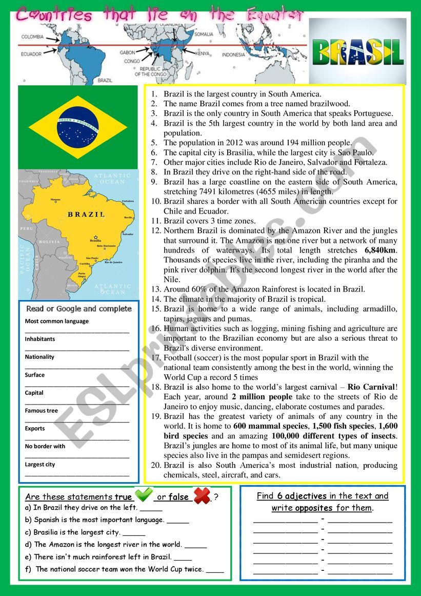 Everything about Brazil (on the Equator).  Reading and/or web-search. + KEY