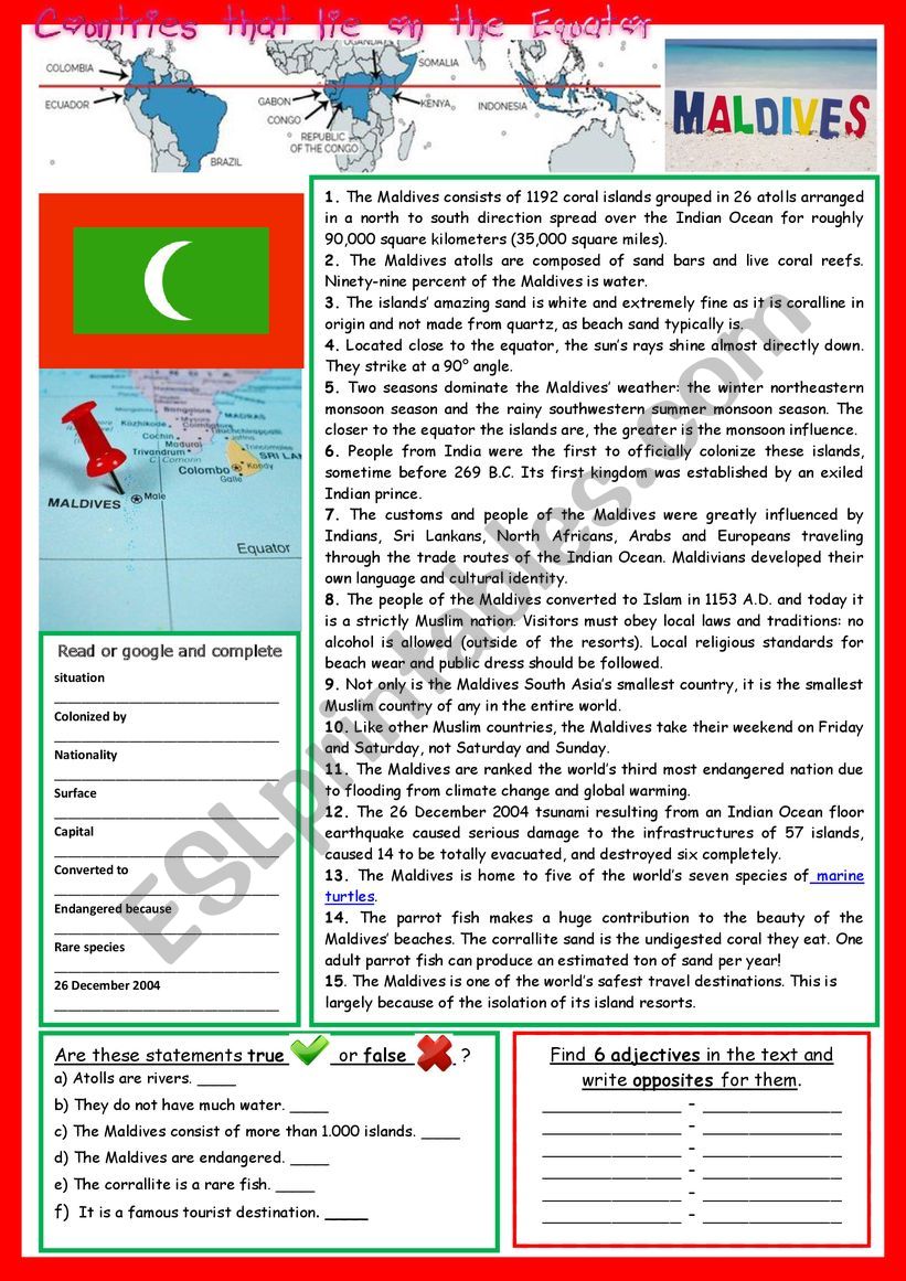 Everything about The Maldives (on the Equator).  Reading and/or web-search. + KEY