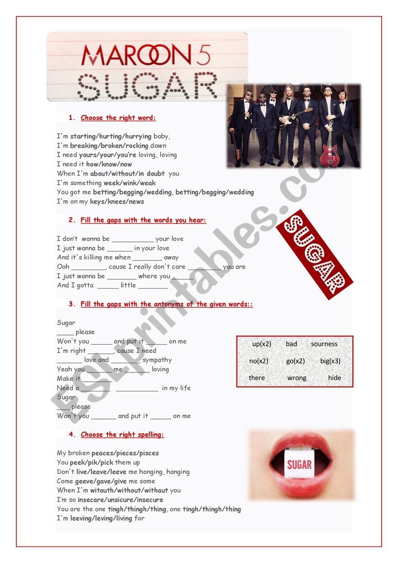 sugar by maroon five worksheet