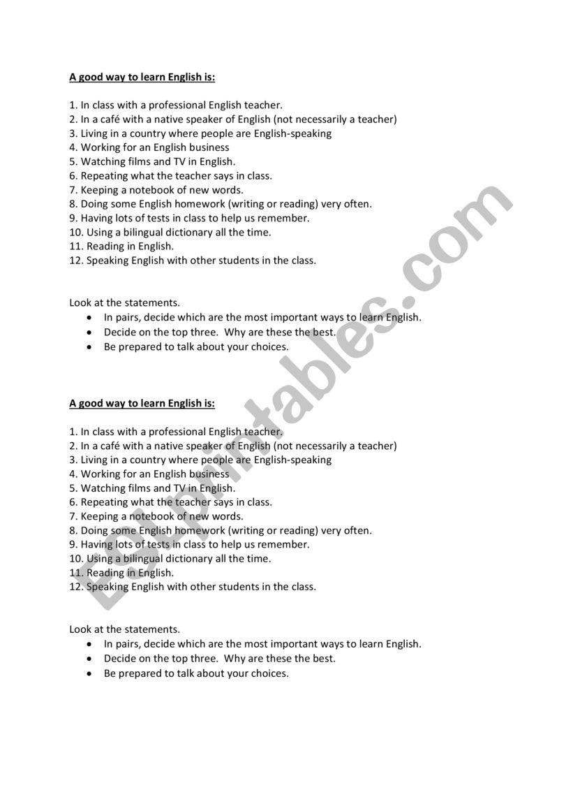 Starter for older teens worksheet