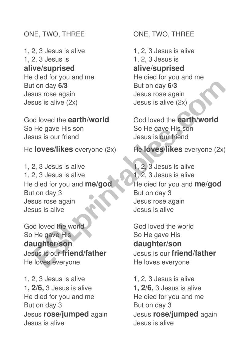 Easter Song Lyrics Training One Two Three Jesus Is Alive Esl Worksheet By Nathalielot18